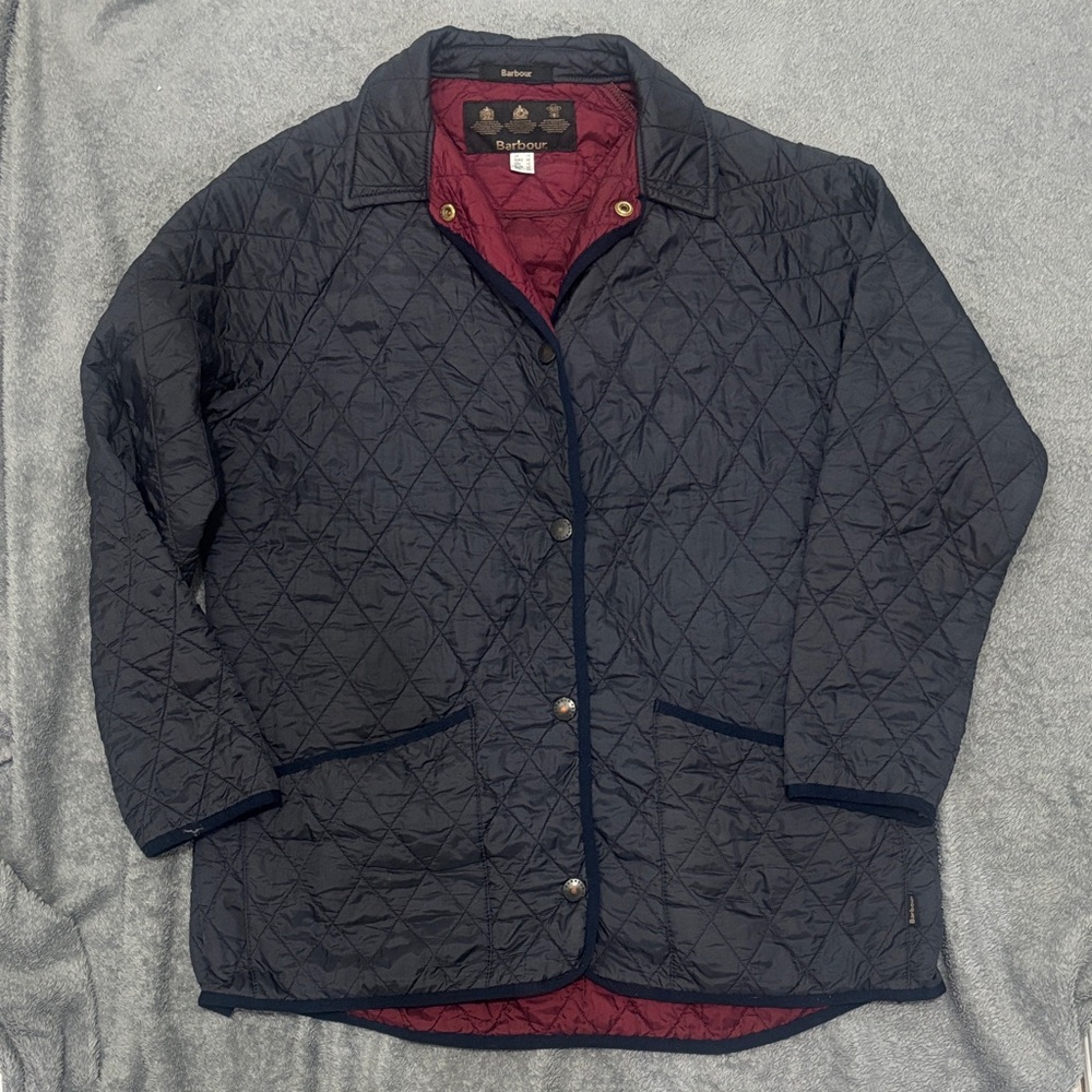 Barbour Black Quilted Jacket with Red Lining vintage size 10
